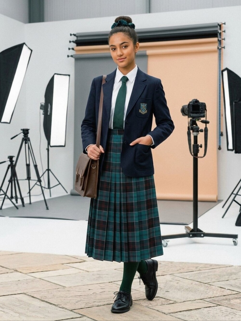Plaid Midi Pleated Skirt in Teal, Red, and Black